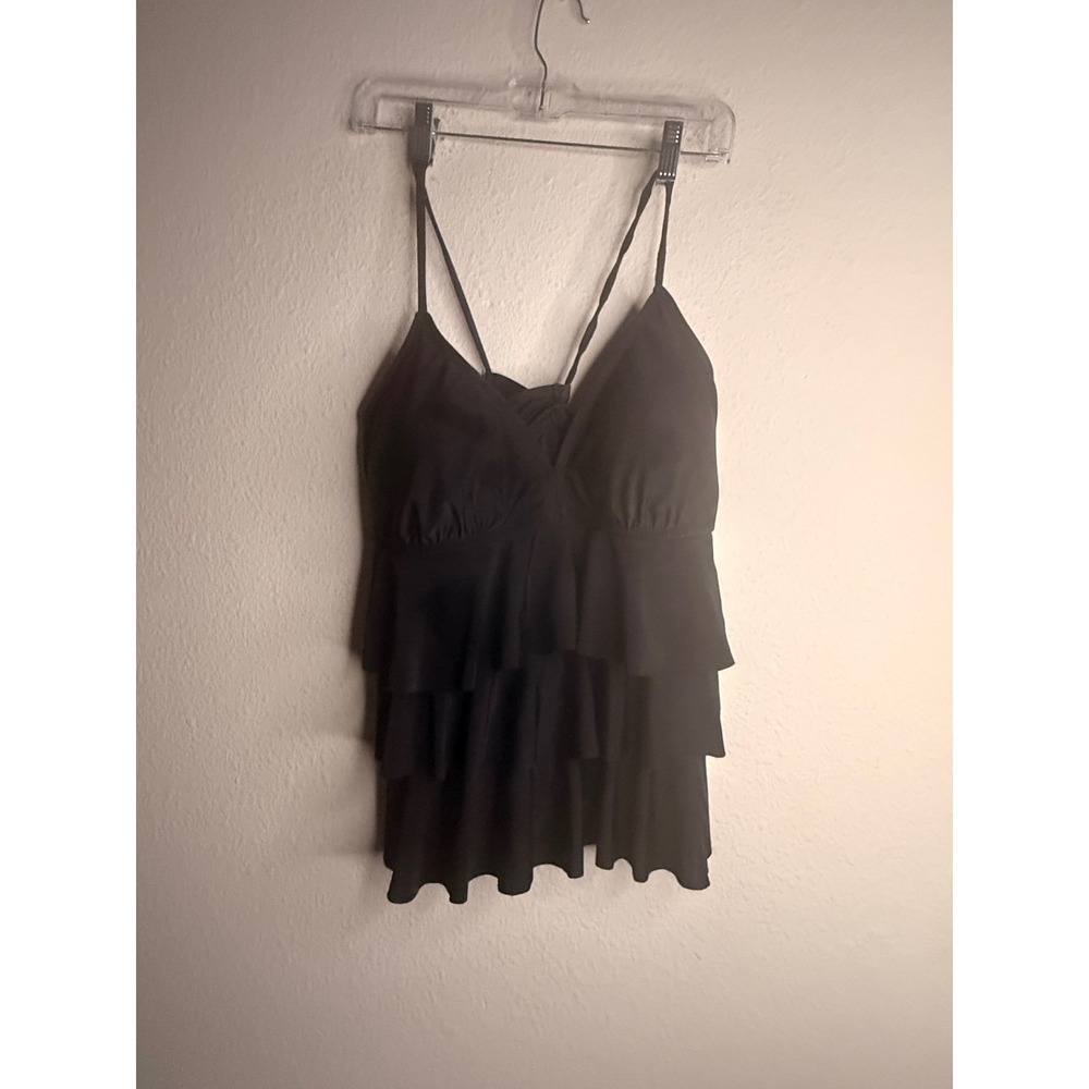 Catalina Black Tiered Ruffle Tankini Swim Top Crisscross Tie Back Plus Size XL